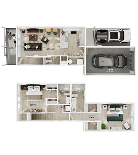 Floor plan for 2 beds, 2.5 baths, 1138 sqft